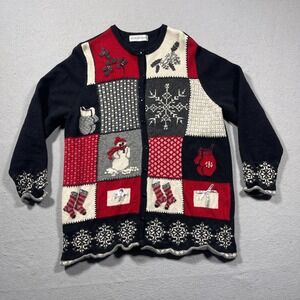 August Max Woman Cardigan Women XL Relaxed Holiday Red Black White VTG Lambswool